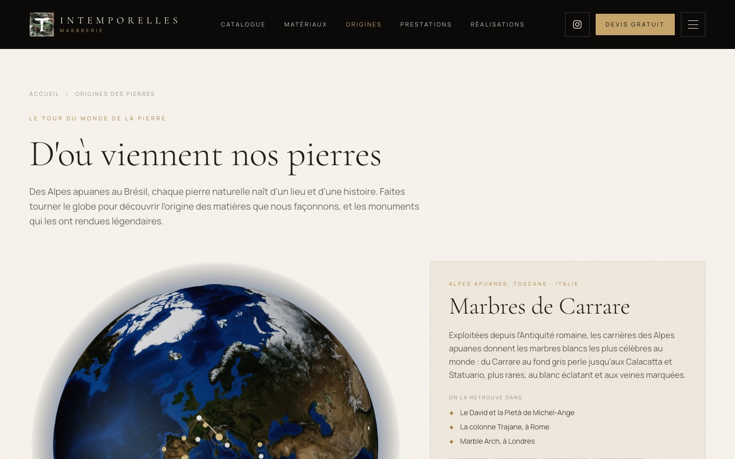 Globe 3D des origines des pierres sur Intemporelles